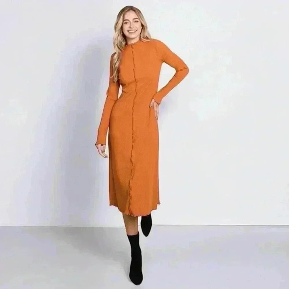 CULTURE CODE ribbed knit mock neck bodycon orange midi dress women's small - Picture 2 of 12